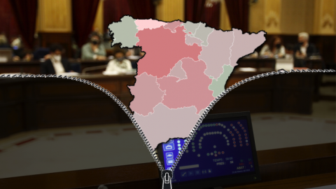 Mapa autonómico sobre una imagen del Parlament de les Illes Balears.