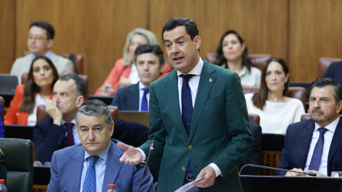 El presidente de la Junta de Andalucía, Juan Manuel Moreno Bonilla, este jueves en el Parlamento de Andalucía.