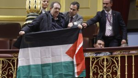 Activistas despliegan banderas palestinas en el Congreso durante la comparecencia de Albares