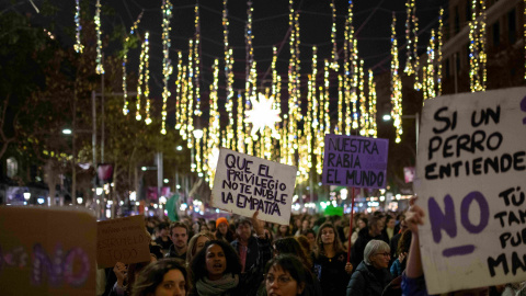 Decenas de personas portan carteles durante la manifestación por el 25-N, a 25 de noviembre de 2023, en Barcelona