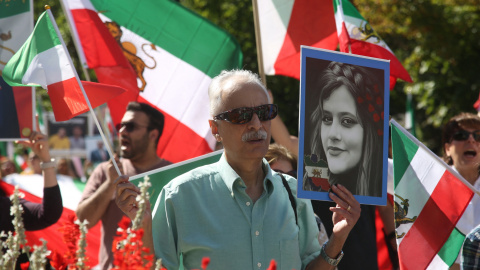 the first death anniversary of Mahsa Amini and protested against the Iranian Islamic regime in Toronto, Ontario, Canada on September 16, 2023