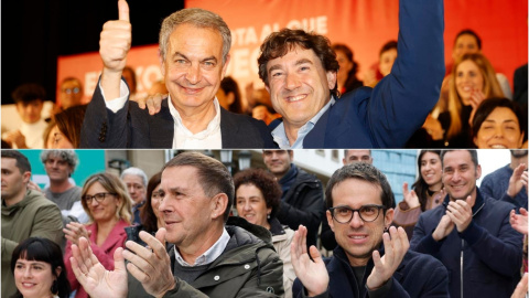 Arriba, José Luis Rodríguez Zapatero y Eneko Andueza en Barakaldo. Abajo, Arnaldo Otegi y Pello Otxandiano en Santurtzi.