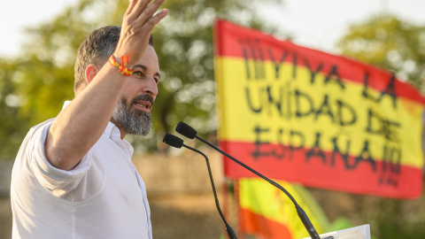 El líder nacional de VOX, Santiago Abascal en un mitin este jueves en el Muelle de La Sal de Sevilla.