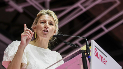 La vicepresidenta segunda del Gobierno, Yolanda Díaz, durante la presentación de su candidatura de Sumar a las elecciones generales.