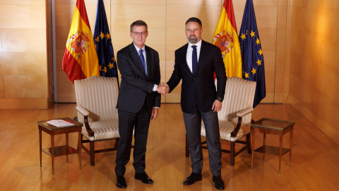 El líder del PP, Alberto Núñez Feijóo, y el de Vox, Santiago Abascal, se saludan a su llegada a una reunión en el Congreso de los Diputados, a 5/9/2023