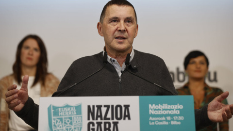 El coordinador general de EH Bildu, Arnaldo Otegi, durante la comparecencia de este lunes en Bilbao. LUIS TEJIDO/EFE