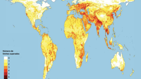 Distribución de límites ecológicos sobrepasados por regiones geográficas.