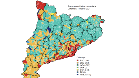 Mapa que representa la candidatura més votada en les eleccions al Parlament de 2021.