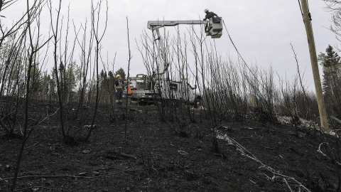 Técnicos canadienses arreglando cables de fibra óptica tras los incendios.