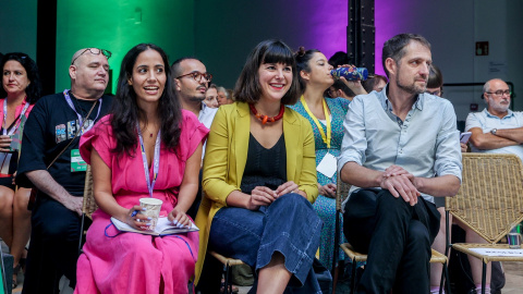 La diputada en el Congreso de Sumar, Tesh Sidi; la diputada de Sumar En Comú Podem, Julia Boada; y el copresidente de Verdes Equo, Florent Marcellesi; participan en la Green Social Summit, en Espacio Larra, a 30 de septiembre de 2023, en Madrid (España)