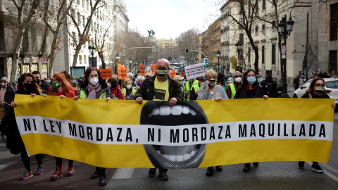 Manifestación convocada este domingo en Madrid por la plataforma ciudadana No Somos Delito, junto a colectivos, organizaciones y movimientos sociales, para que los ciudadanos exijan una reforma de la Ley de Seguridad Ciudadana