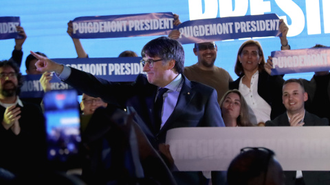 El candidat de Junts, Carles Puigdemont, abans de la seva intervenció al míting d'aquest dissabte a Argelers.