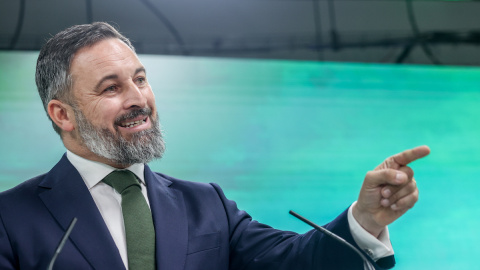 El líder de VOX, Santiago Abascal, durante una rueda de prensa, en la sede nacional de VOX, a 29 de mayo de 2023, en Madrid.