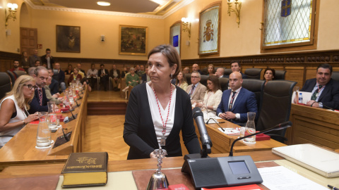 La presidenta de Foro Asturias, Carmen Moriyón, durante su toma de posesión en el marco del pleno constitutivo del Ayuntamiento de Gijón, a 17 de junio de 2023