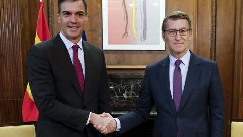 El presidente del Gobierno, Pedro Sánchez (i) y el líder del PP, Alberto Núñez Feijóo (d) durante su encuentro este viernes en el Congreso de los Diputados en Madrid