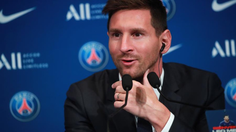 Messi durant la roda de premsa de presentació com a nou jugador del PSG.