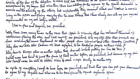 Carta del joven sudanés Basir al presidente del Gobierno, Pedro Sánchez, tras seis meses esperando respuesta a su solicitud de asilo. La registró en la embajada de España en Rabat tras sobrevivir a la tragedia de Melilla de junio de 2022.