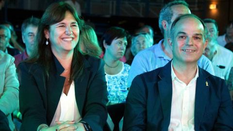 La presidenta del Parlament Laura Borràs i l'exconseller Jordi Turull durant el congrés de Junts a Argelers.