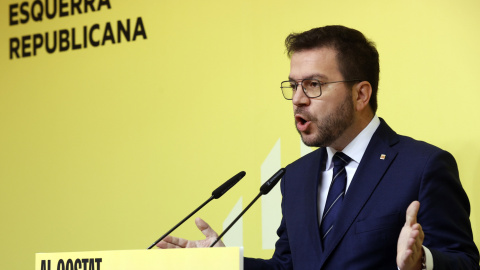 El president de la Generalitat, Pere Aragonès, durante la rueda de prensa que en la sede del partido, en Barcelona, a 29 de abril de 2024.