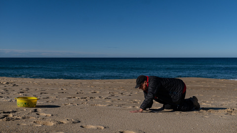 8/1/24 Un hombre recoge pellets el pasado domingo en una playa de A Coruña.