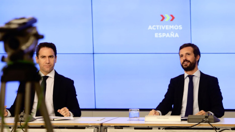 El secretario general del PP, Teodoro García Egea, y el presidente del Partido Popular, Pablo Casado, durante la reunión de la Junta Directiva Nacional del Partido Popular.