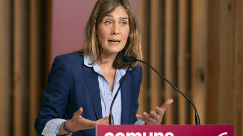 La candidata a la presidencia de la Generalitat por Comuns Sumar, Jéssica Albiach, durante la rueda de prensa para valorar la decisión del presidente del Gobierno, Pedro Sánchez, a 29 de abril de 2024.