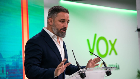 El líder de Vox, Santiago Abascal, durante una rueda de prensa en la sede de su partido, a 5 de junio de 2023, en Madrid.