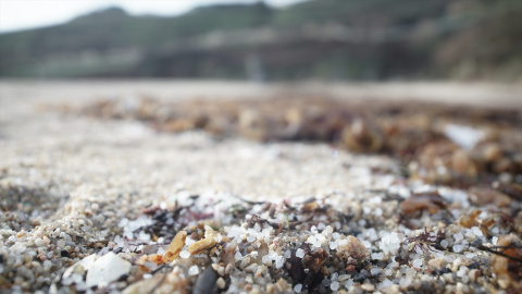 Pellets de plástico en la playa de Sabón, a 9 de enero de 2024, en A Coruña, Galicia (España).