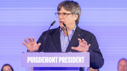 El candidat de Junts, Carles Puigdemont, en l'acte central de campanya per al 12-M a Argelers.