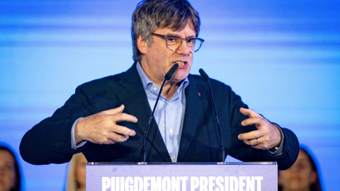 El candidato de Junts a las elecciones catalanas, Carles Puigdemont, durante un mitin de campaña de su partido, en Argelès, Francia, a 4 de mayo de 2024.