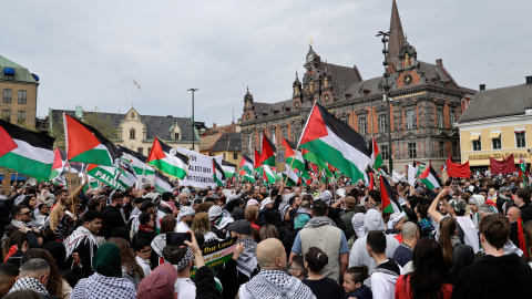 Protestas en la ciudad sueca de Malmö para exigir la expulsión de Israel del festival de Eurovisión, a 9 de mayo de 2024.