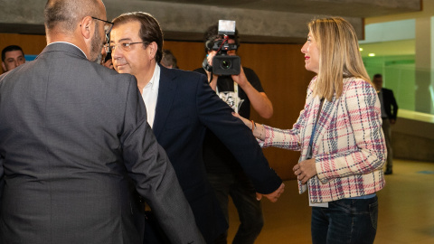 19/6/23 El todavía presidente de Extremadura, Guillermo Fernández Vara, y la presidenta del PP extremeño, María Guardiola, en un acto el pasado 30 de mayo.