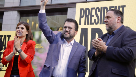 03/05/2024 - Marta Vilalta, cap de llista per Lleida, Pere Aragonès i Oriol Junqueras en l'acte d'ERC a la capital del Segrià, celebrat divendres passat.