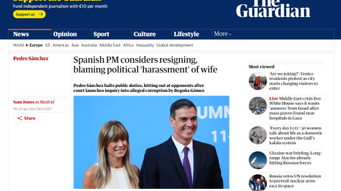 25/04/2024 Publicación de 'The Guardian' sobre la carta de Pedro Sánchez este miércoles.