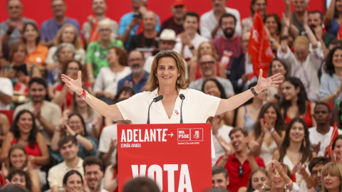 La ministra para la Transición Ecológica, Teresa Ribera, durante el acto de cierre de campaña de los socialistas.