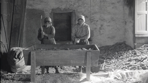 6/4/24 Dos mujeres "mallan" el maíz en Oca (A Coruña, 1924).