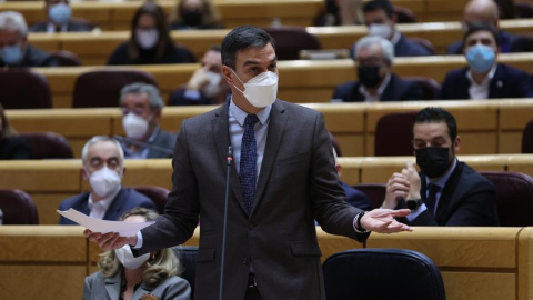 El presidente del Gobierno, Pedro Sánchez, interviene en la sesión de control celebrada por el pleno del Senado, este martes en Madrid.