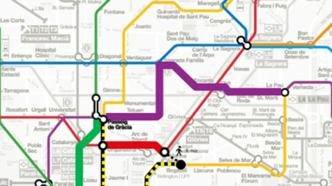 Mapa de afectaciones en la línia 4 de metro de Barcelona.