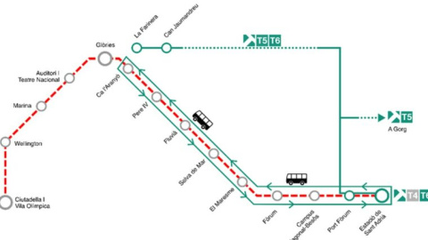 Mapa de afectaciones en la línia T4 del tranvía de Barcelona.