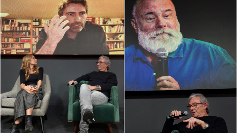 Patricia Simón, Javier del Pino y Enric González, en el homenaje a Ramón Lobo.