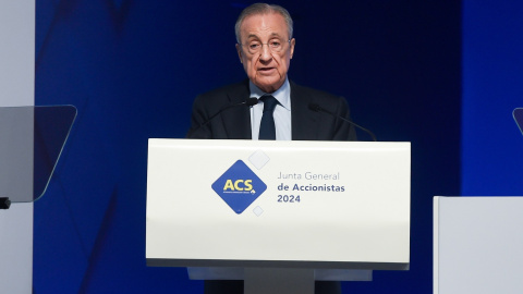 El presidente de ACS, Florentino Pérez, interviene durante la junta de accionistas 2024, en la Feria de Madrid Ifema. E.P./Gustavo Valiente