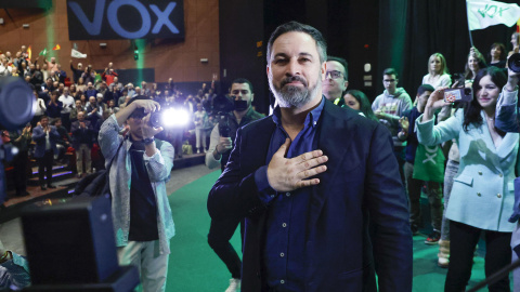 El líder de Vox Santiago Abascal durante el acto público en el que ha sido reelegido este sábado presidente de Vox por la Asamblea General extraordinaria de afiliados.