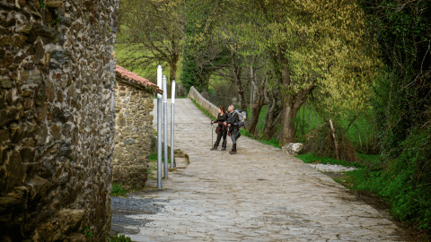 Peregrinos en el Camiño Francés de Santiago a su paso por Arzúa (A Coruña) .