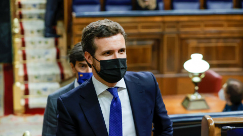 15/02/2022 - El presidente del Partido Popular, Pablo Casado, durante el pleno de este martes en el Congreso de los Diputados, en Madrid.