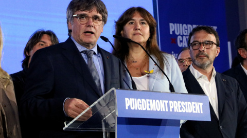 Carles Puigdemont durante su comparecencia al final de la jornada electoral en Argelèrs.