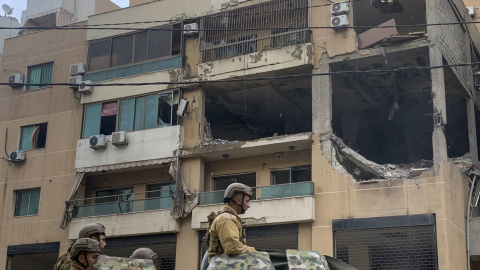 Vista del edificio bombardeado el 2 de enero por un dron israelí en los suburbios meridionales de Beirut, donde murieron siete personas, entre ellas el número dos del movimiento islamista palestino Hamás, Saleh al Arouri.