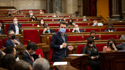 El president de la Generalitat, Pere Aragonès, interviene en el Pleno del Parlament de Catalunya. E.P./David Zorrakino