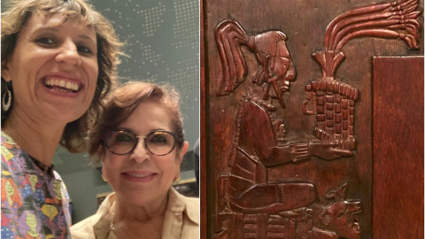 Iria Presa y Laura Blum, mánager de Armando Manzanero. A la derecha, prototipo de la puerta maya, de Beto Mella.