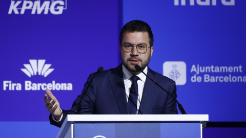 El president de la Generalitat en funcions, Pere Aragonès, durant la inauguració de la reunió anual del Cercle d'Economia