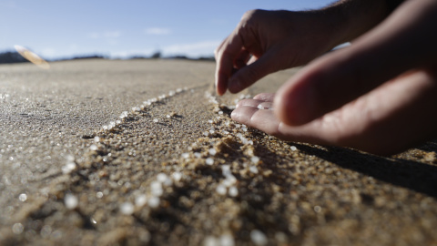 Una persona recoge pellets en la playa de Mera, situada en el concello coruñés de Oleiros, a 12 de enero de 2024.